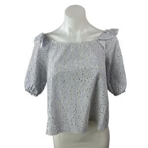 Zara Womens White Blue Striped Embroidered Eyelet Short Sleeve Blouse Top Size S